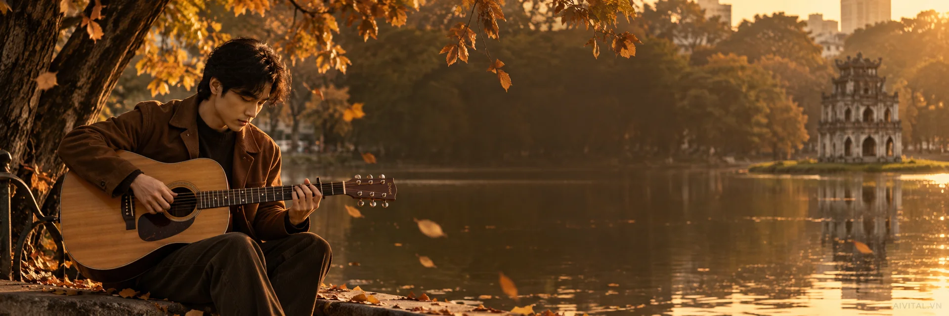 Minh họa nghệ sĩ guitar bên hồ mùa thu, AIVITAL.VN