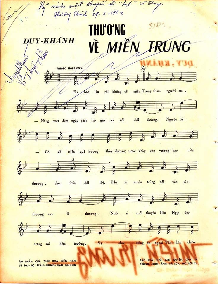 Sheet nhac mien Nam truoc 1975 ca khuc Thuong Ve Mien Trung cua Duy Khanh